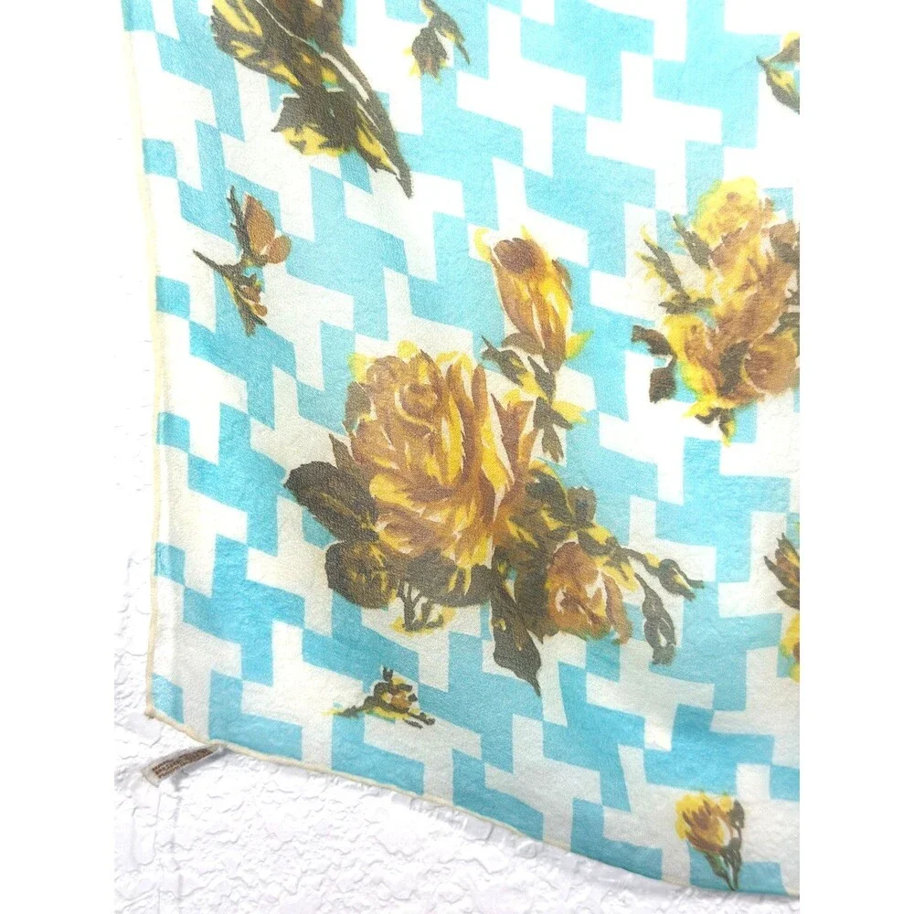 Vintage Pure Silk Chiffon Scarf 23” Aqua Floral Geometric Hand Rolled Japan